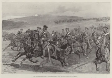Die Militärmanöver in Wilts und Dorset, Korpsartillerie galoppiert in Aktion